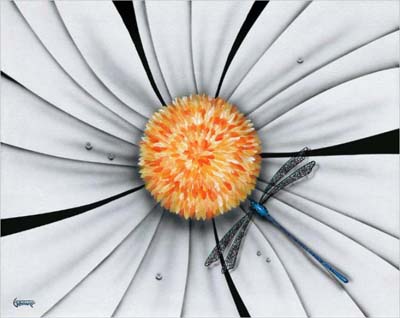 Michael Godard Dragonfly, White Daisy Flower (G)